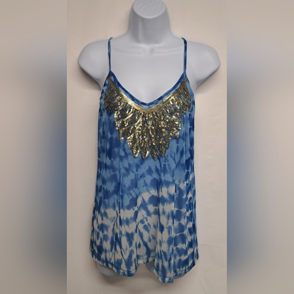 I.N.C Top L Tie Dye Sheer Sequins Spaghetti Strap Stretch V Neck Racerback
